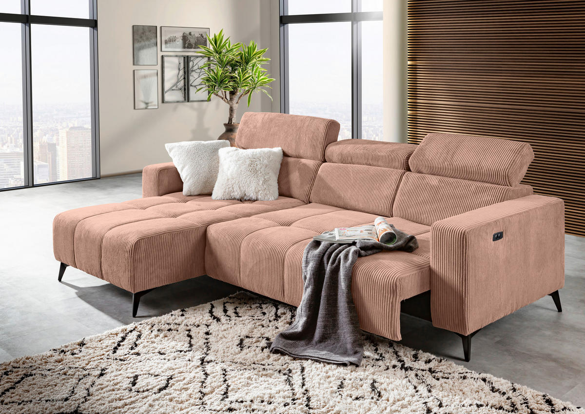 ECKSOFA Altrosa Cord Rücken echt, Kopfteilverstellung, Sitzvorzug  - Schwarz/Altrosa, KONVENTIONELL, Textil/Metall (170/257cm) - Carryhome