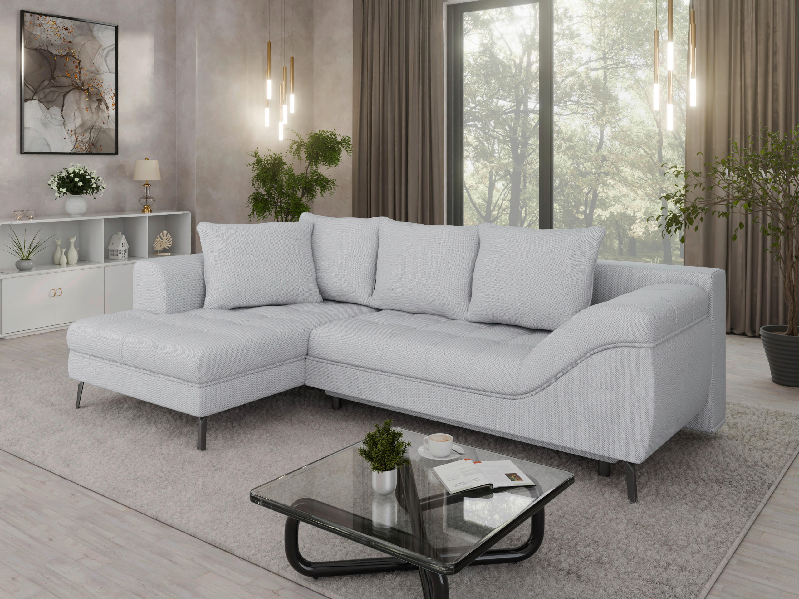 Ecksofa inkl. Funktionen Hellgrau Webstoff  - Hellgrau/Schwarz, MODERN, Textil/Metall (177/279cm) - Stylife