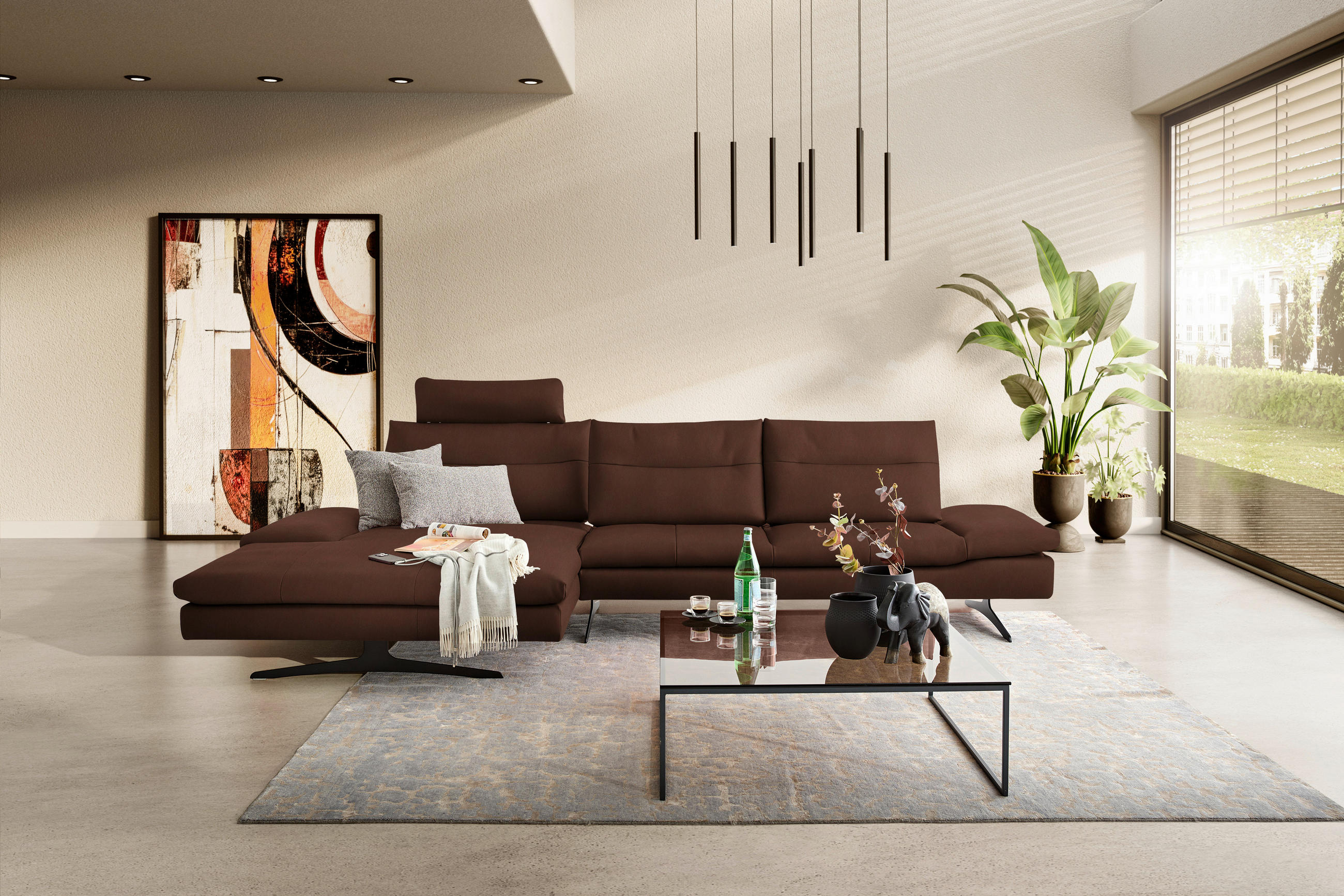 ECKSOFA in Echtleder Braun  - Schwarz/Braun, Modern, Leder/Metall (158/342cm) - Chilliano
