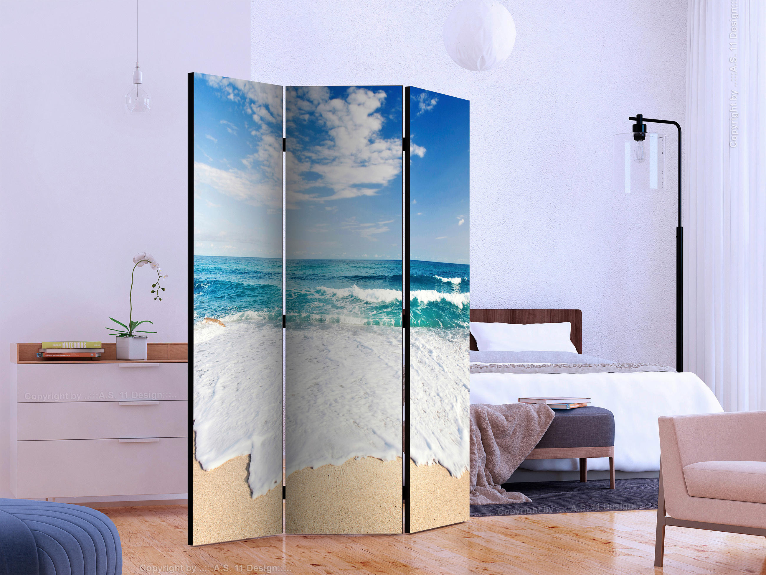 PARAVENT mit 3  Flügel - Weiß/Hellblau, Basics, Holz/Kunststoff (135/172/3cm) - artgeist