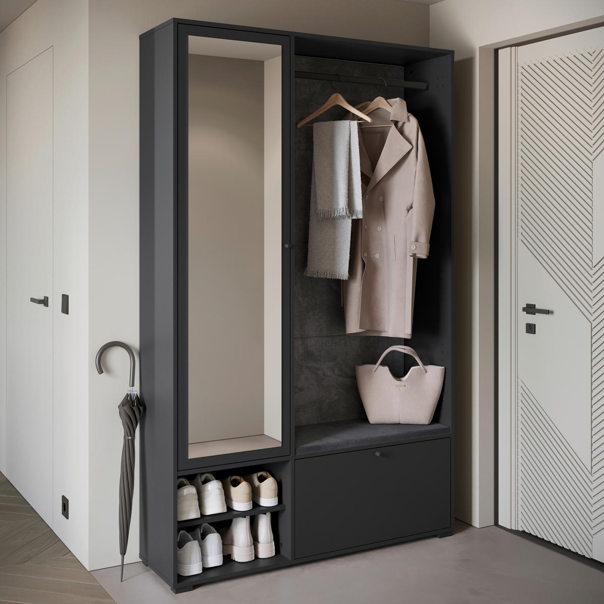 GARDEROBE 4-teilig  in 117,3/190/33 cm  - Schwarz, Basics, Holzwerkstoff (117,3/190/33cm) - P & B