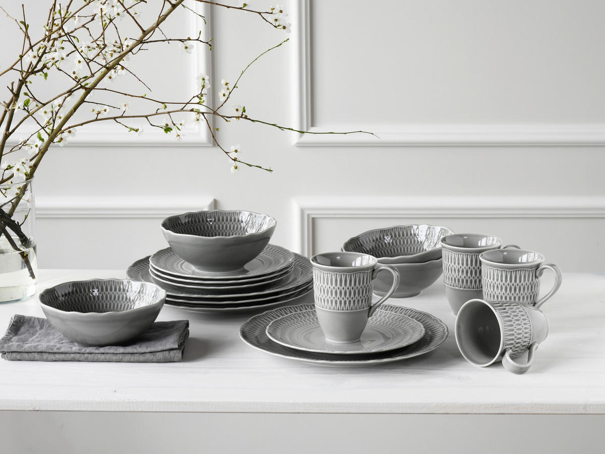 KOMBINOVANÝ SERVIS, 16-dielne, porcelán - svetlosivá, Design, keramika - Creatable