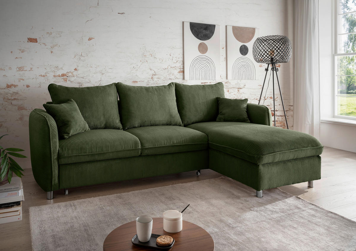 ECKSCHLAFSOFA in Cord Dunkelgrün  - Chromfarben/Dunkelgrün, Modern, Textil/Metall (254/160cm) - Livetastic