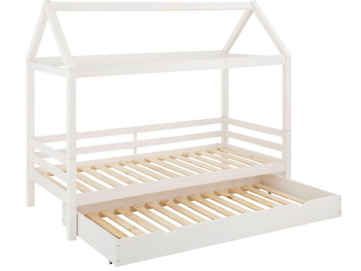 HAUSBETT 90/200 cm,  in Weiß, Bettschublade, Lattenrost für Zusatzbett, Lattenrost für Hauptbett  - Naturfarben/Weiß, MODERN, Holz (90/200cm) - MID.YOU