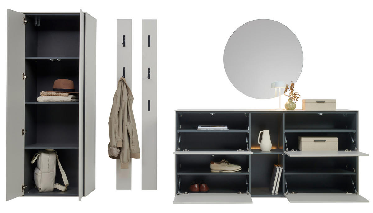 GARDEROBE 5-teilig  in 306/200/41 cm  - Kaschmir/Graphitfarben, Design, Glas/Holzwerkstoff (306/200/41cm) - Voleo