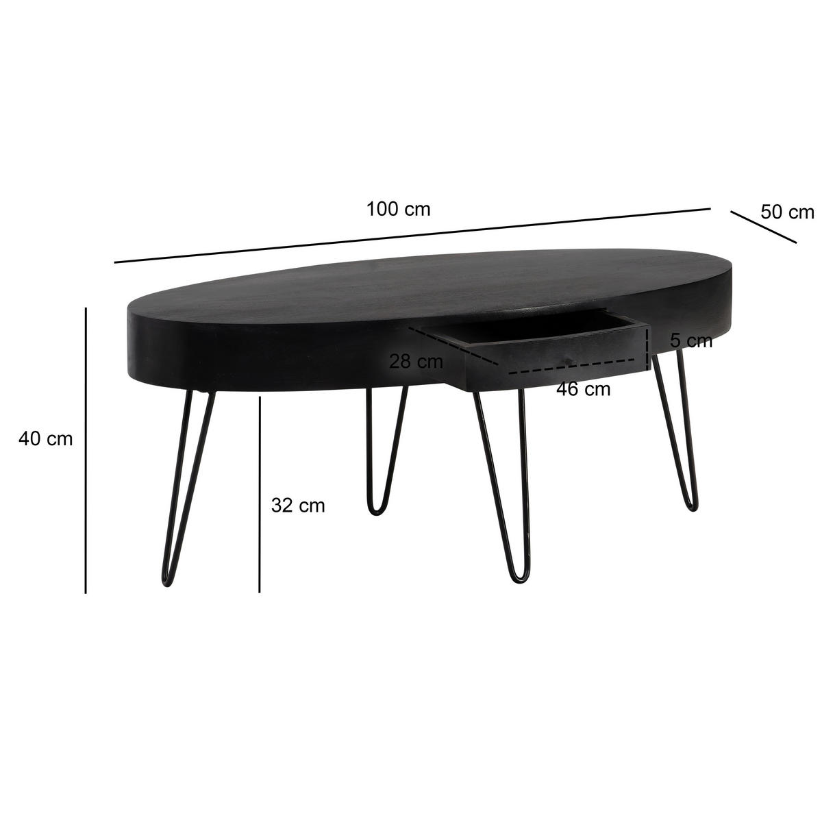 COUCHTISCH in Holz 100/50/40 cm  - Schwarz, Design, Holz/Metall (100/50/40cm) - MID.YOU