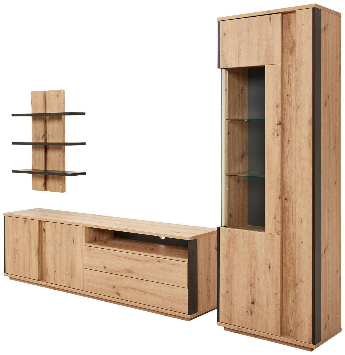 WOHNWAND  in Grau, Eichefarben  252/200/41 cm  - Eichefarben/Grau, Design, Glas/Holzwerkstoff (252/200/41cm) - Cantus