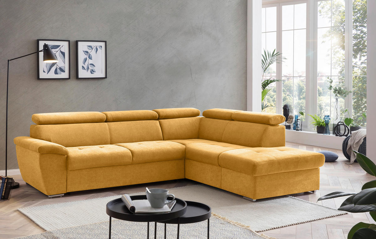 ECKSOFA Currygelb Chenille  - Chromfarben/Currygelb, Design, Textil/Metall (262/216cm) - Livetastic