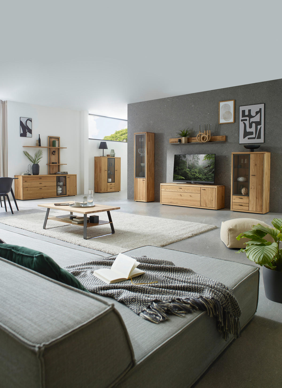 WOHNWAND  in Dunkelgrau, Wildeiche 324/202/45 cm  - Wildeiche/Dunkelgrau, Design, Glas/Holz (324/202/45cm) - Valnatura
