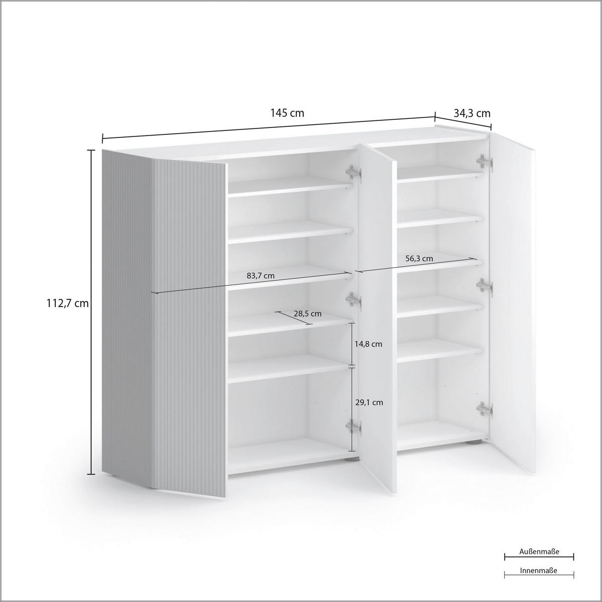 SCHUHSCHRANK Grau, Weiß  - Schwarz/Weiß, Design, Glas/Holzwerkstoff (145/113/34cm) - Voleo
