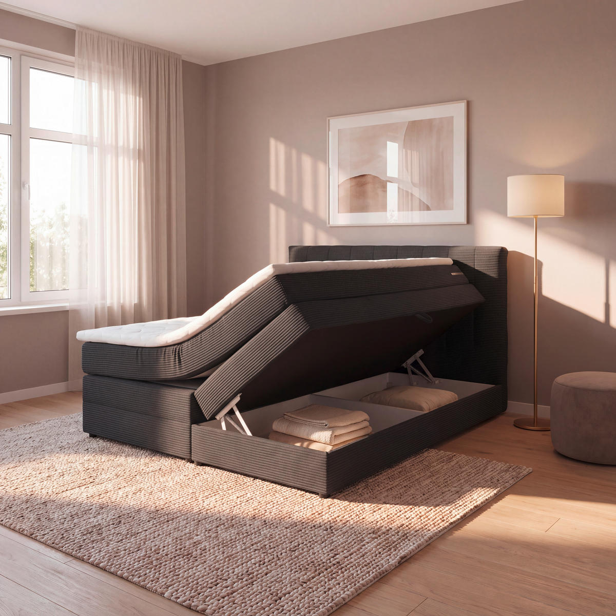 BOXSPRINGBETT 140/200 cm,  in Anthrazit, gepolstertes Kopfteil, Bettkasten, Topper, Matratzen, H2 + H2 = mittel  - Anthrazit/Schwarz, Basics, Kunststoff/Textil (140/200cm) - Boxxx