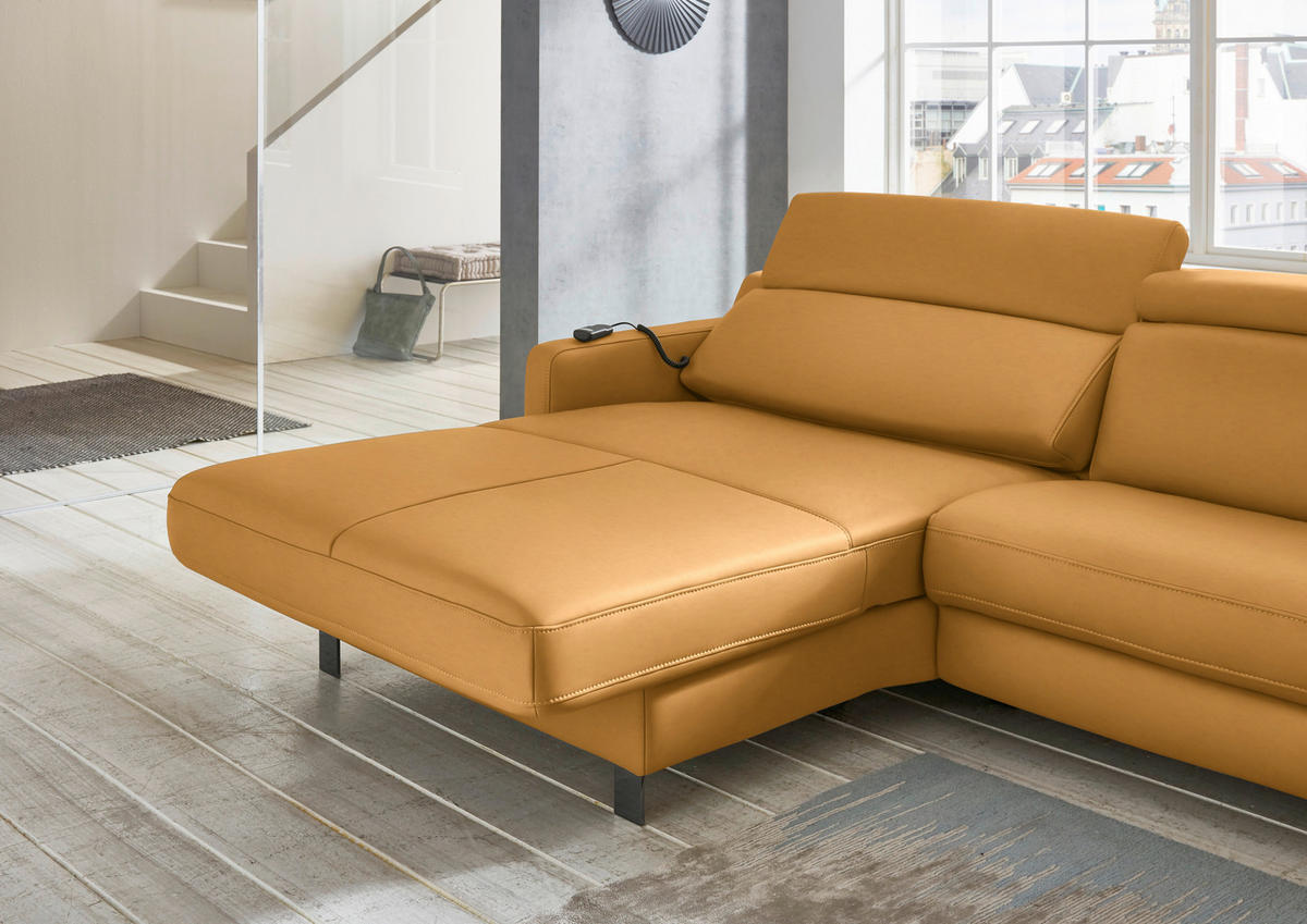 ECKSOFA in Echtleder Currygelb  - Currygelb/Schwarz, Design, Leder/Metall (176/291cm) - Valdera