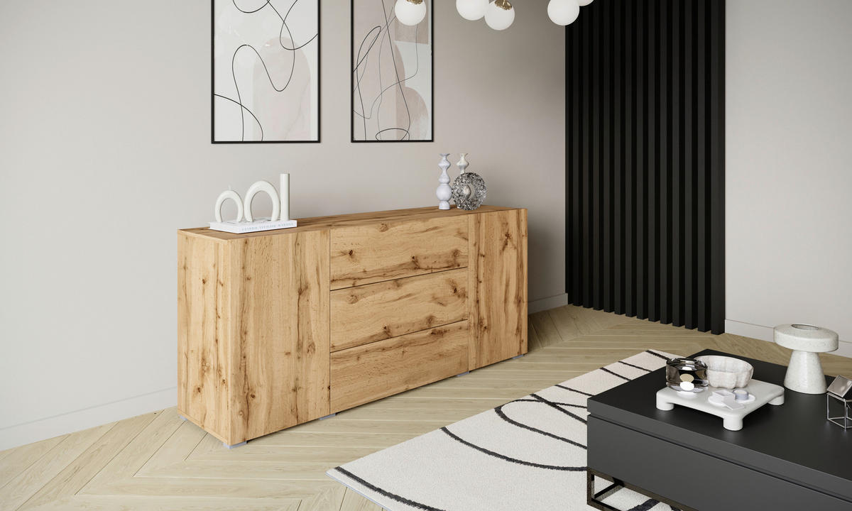 SIDEBOARD Berlin 150/68/38,5 cm 3 låda(or)  - ek Wotan/grå, Design, trämaterial/plast (150/68/38,5cm) - P & B