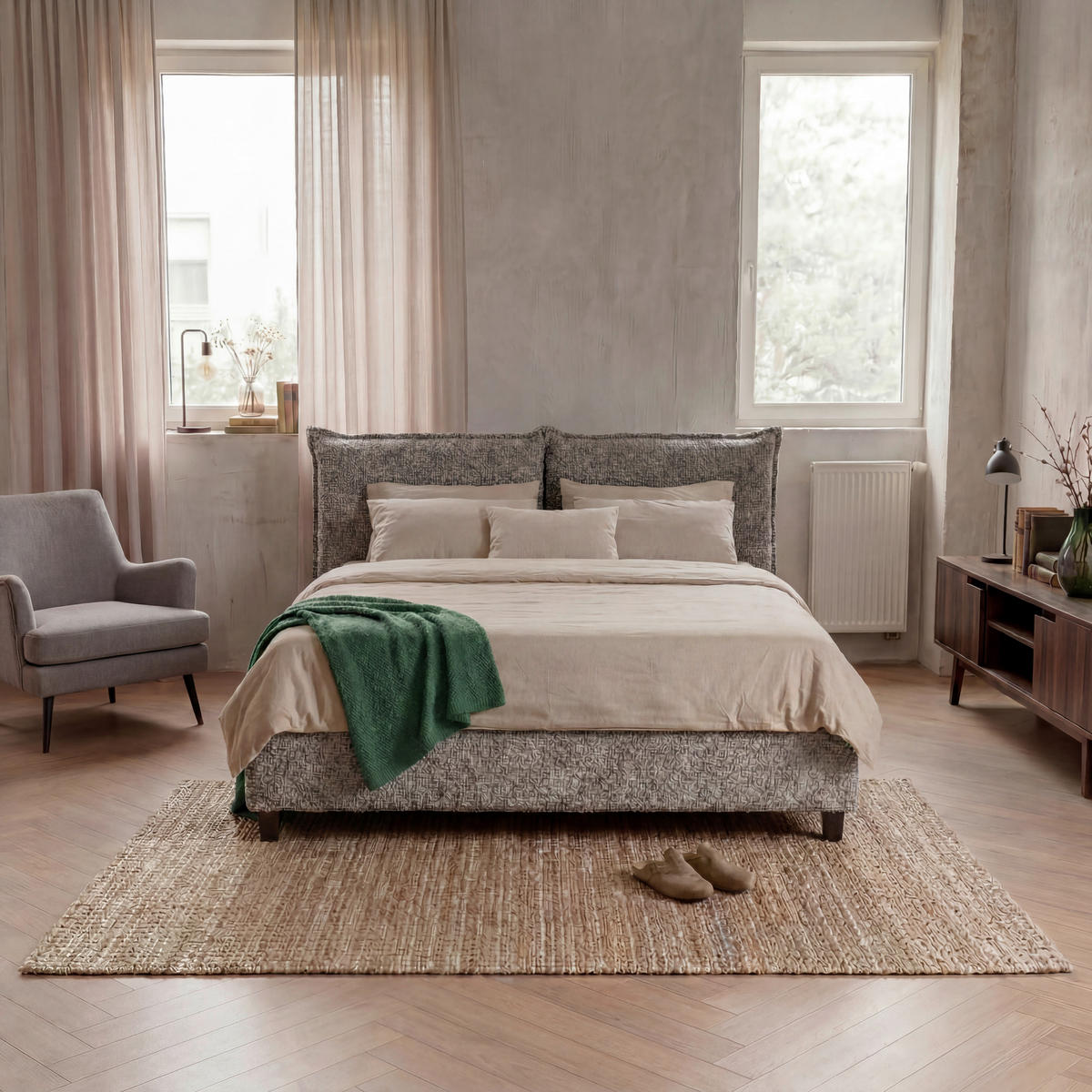 POLSTERBETT 180/200 cm,  in Beigebraun, gepolstertes Kopfteil, Lattenrost, Bettkasten,  - Beigebraun/Schwarz, MODERN, Holz/Textil (180/200cm) - Livetastic