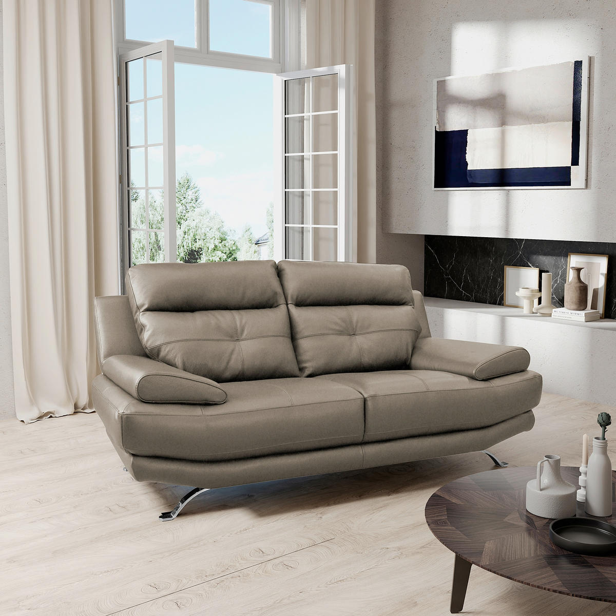 2-SITZER-SOFA  in Echtleder Taupe   - Taupe/Chromfarben, Design, Leder/Metall (185/92/99cm) - Livetastic