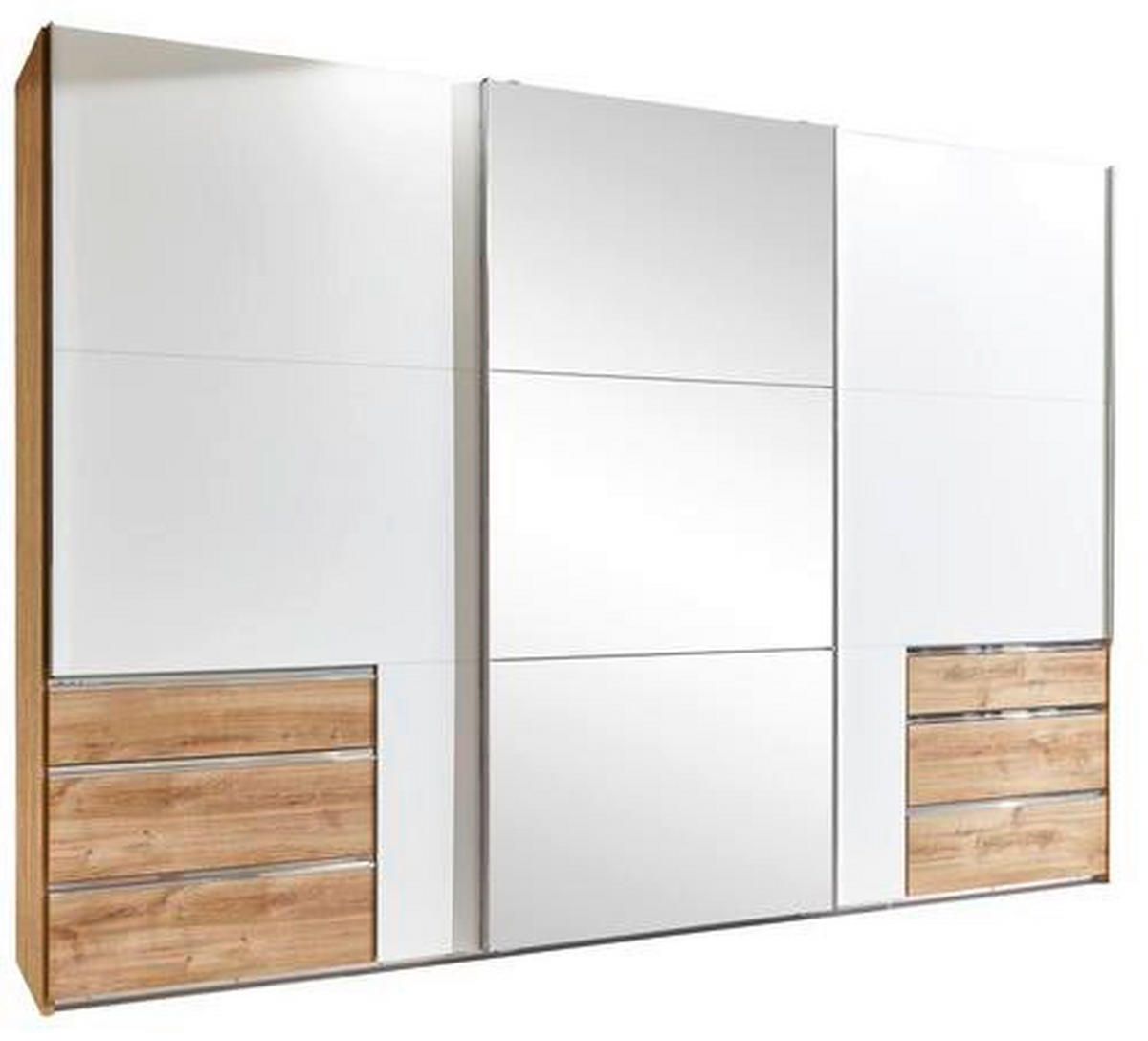 SCHWEBETÜRENSCHRANK 300/216/65 cm 3-türig Weiß, Eichefarben  - Chromfarben/Eichefarben, MODERN, Glas/Holzwerkstoff (300/216/65cm) - MID.YOU