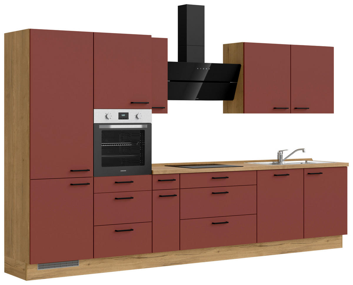 KÜCHENBLOCK 360 cm   in Eichefarben, Dunkelrot  - Eichefarben/Schwarz, MODERN, Holzwerkstoff/Metall (360cm) - Nobilia