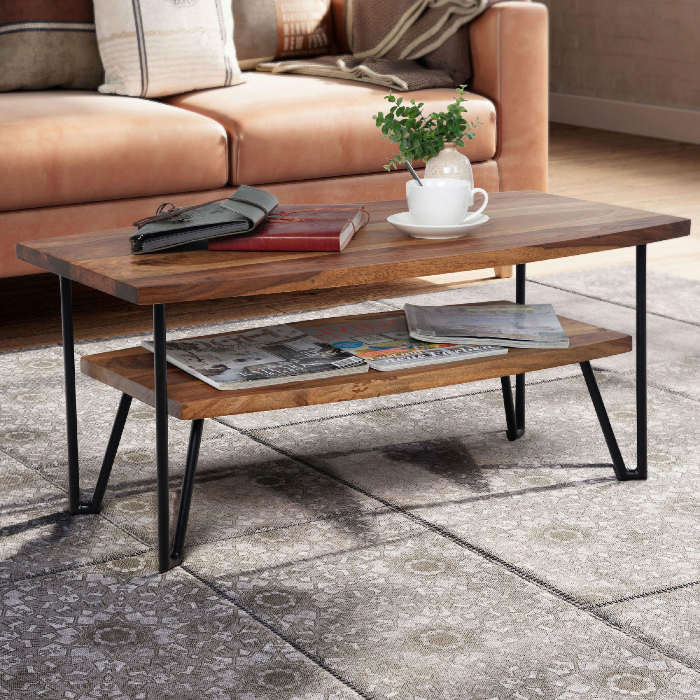 COUCHTISCH Sheesham massiv 90/50/40 cm rechteckig Braun  - Schwarz/Braun, Design, Holz/Metall (90/50/40cm) - MID.YOU