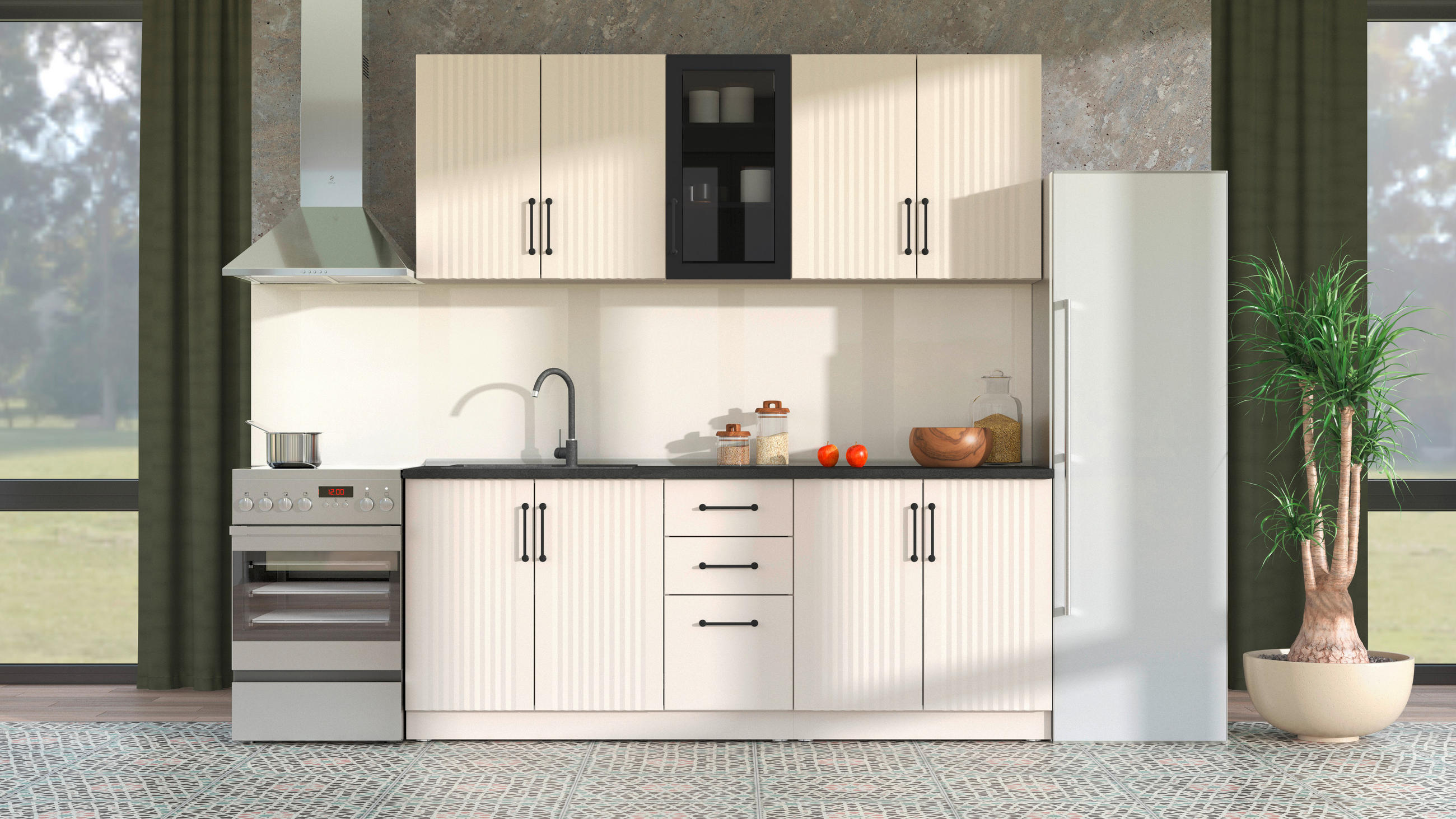 KONYHABLOKK GÉPEK NÉLKÜL 200/51/31/200 cm  - Artisan tölgy/szürke, Basics, faalapú anyag/Üveg (200/51/31/200cm) - Carryhome