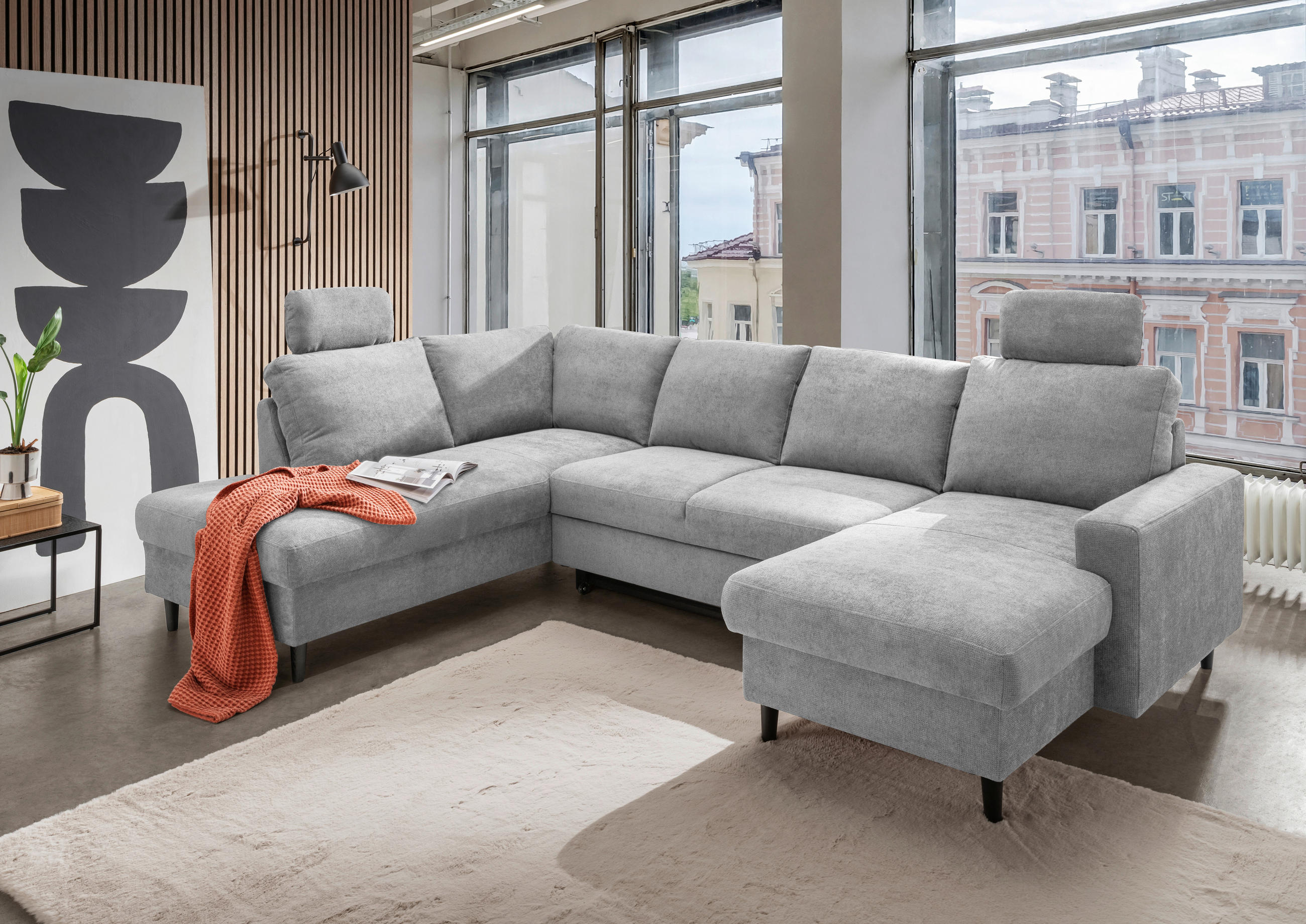 WOHNLANDSCHAFT in Chenille Grau - Schwarz/Grau, MODERN, Holz/Textil (200/305/153cm) - Livetastic