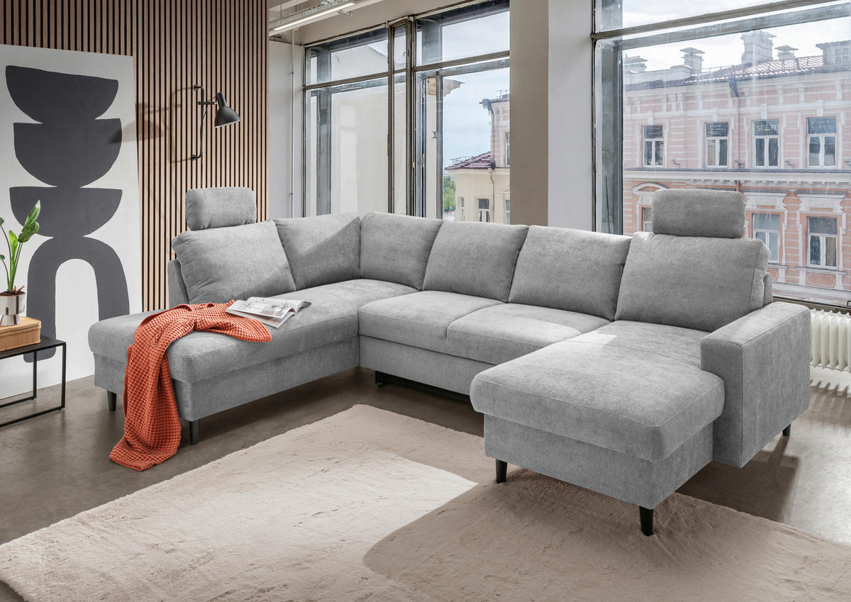 WOHNLANDSCHAFT in Chenille Grau  - Schwarz/Grau, Modern, Holz/Textil (200/305/153cm) - Livetastic