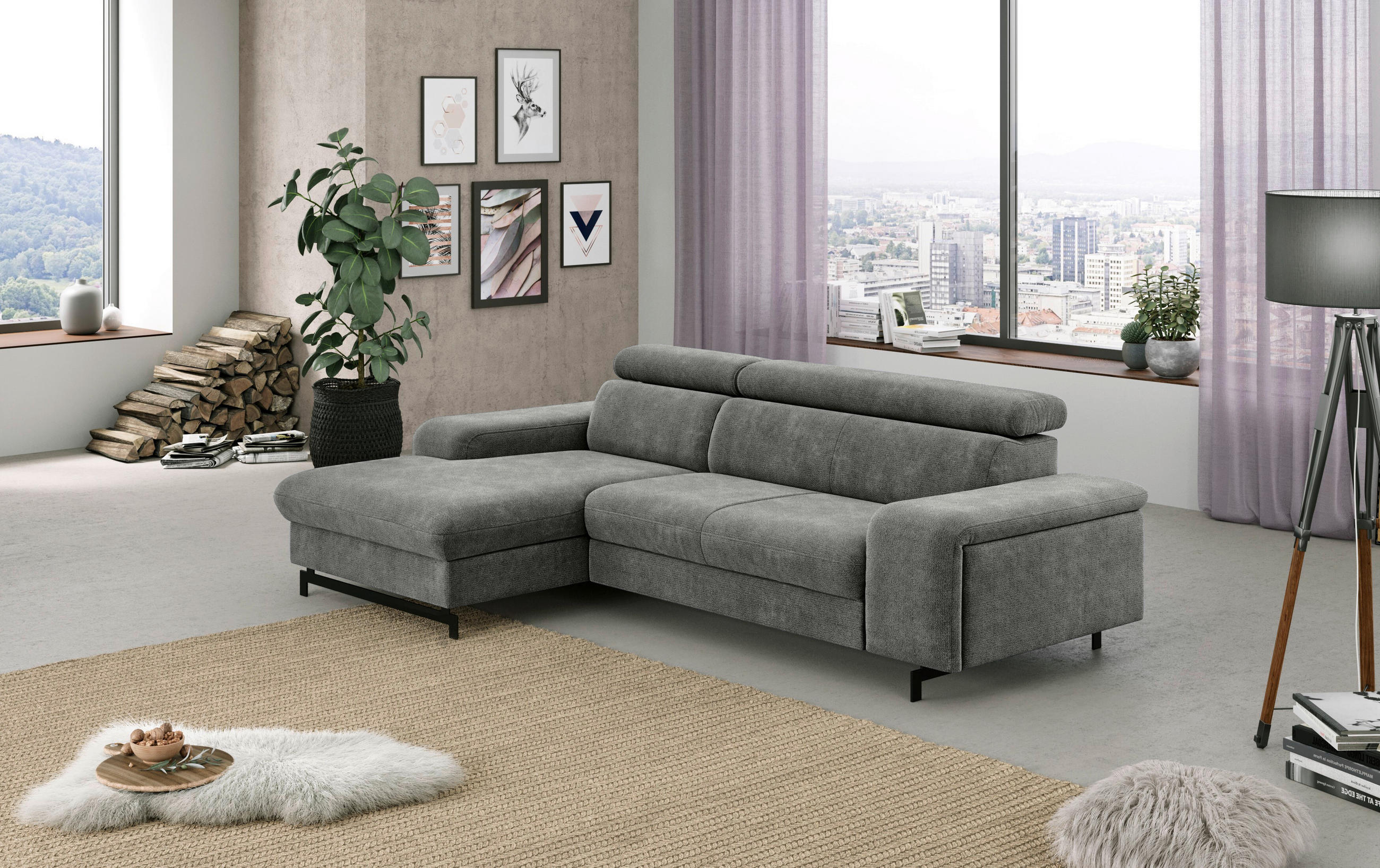 ECKSOFA in Chenille Grau  - Schwarz/Grau, Textil/Metall (165/267cm) - MID.YOU