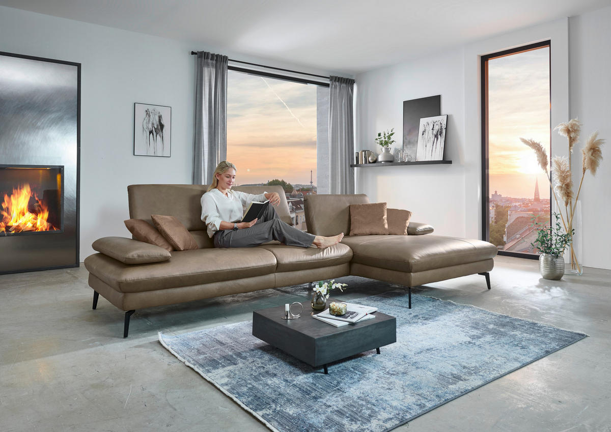 ECKSOFA in Echtleder Graubraun  - Graubraun/Schwarz, Design, Leder/Metall (325/157cm) - Dieter Knoll