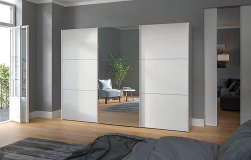 SCHWEBETÜRENSCHRANK 303/215/65 cm 3-türig Weiß  - Edelstahlfarben/Weiß, Design, Glas/Holzwerkstoff (303/215/65cm) - Boxxx