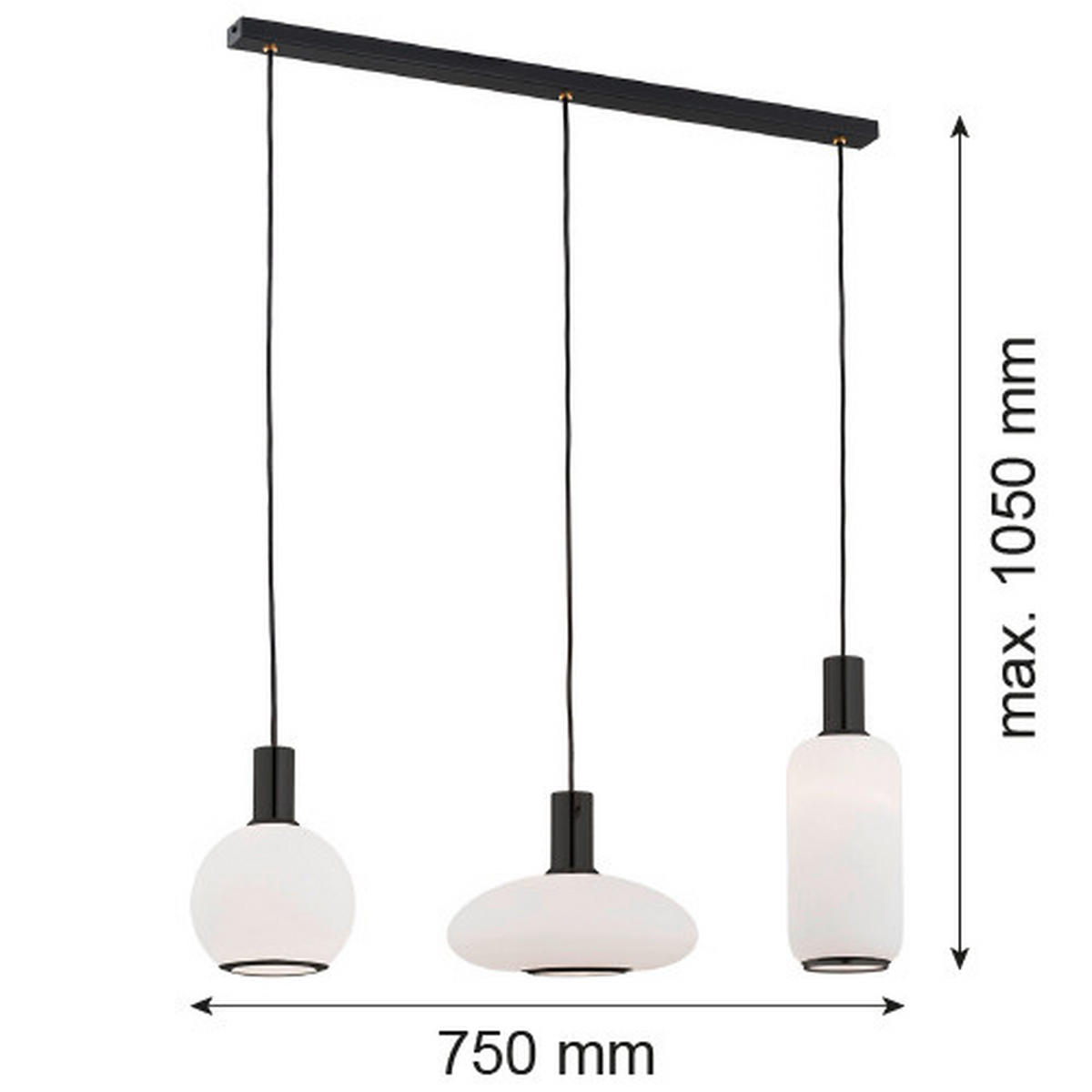 HÄNGELEUCHTE  105/75/30 cm    - Schwarz/Weiß, KONVENTIONELL, Glas/Metall (105/75/30cm)