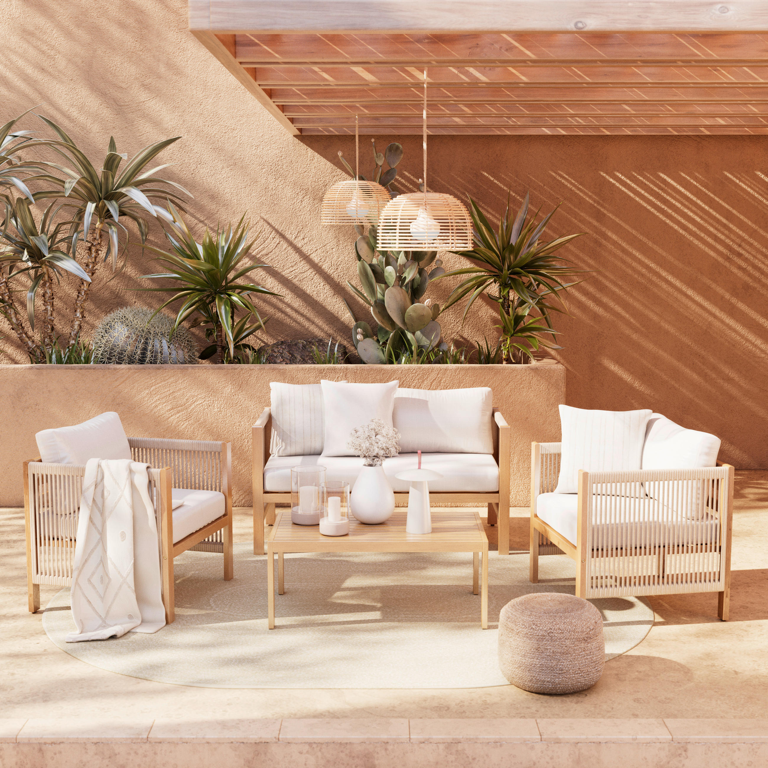 GARTENSET 4-teilig  - Creme/Akaziefarben, Natur, Holz/Textil - Ambia Garden