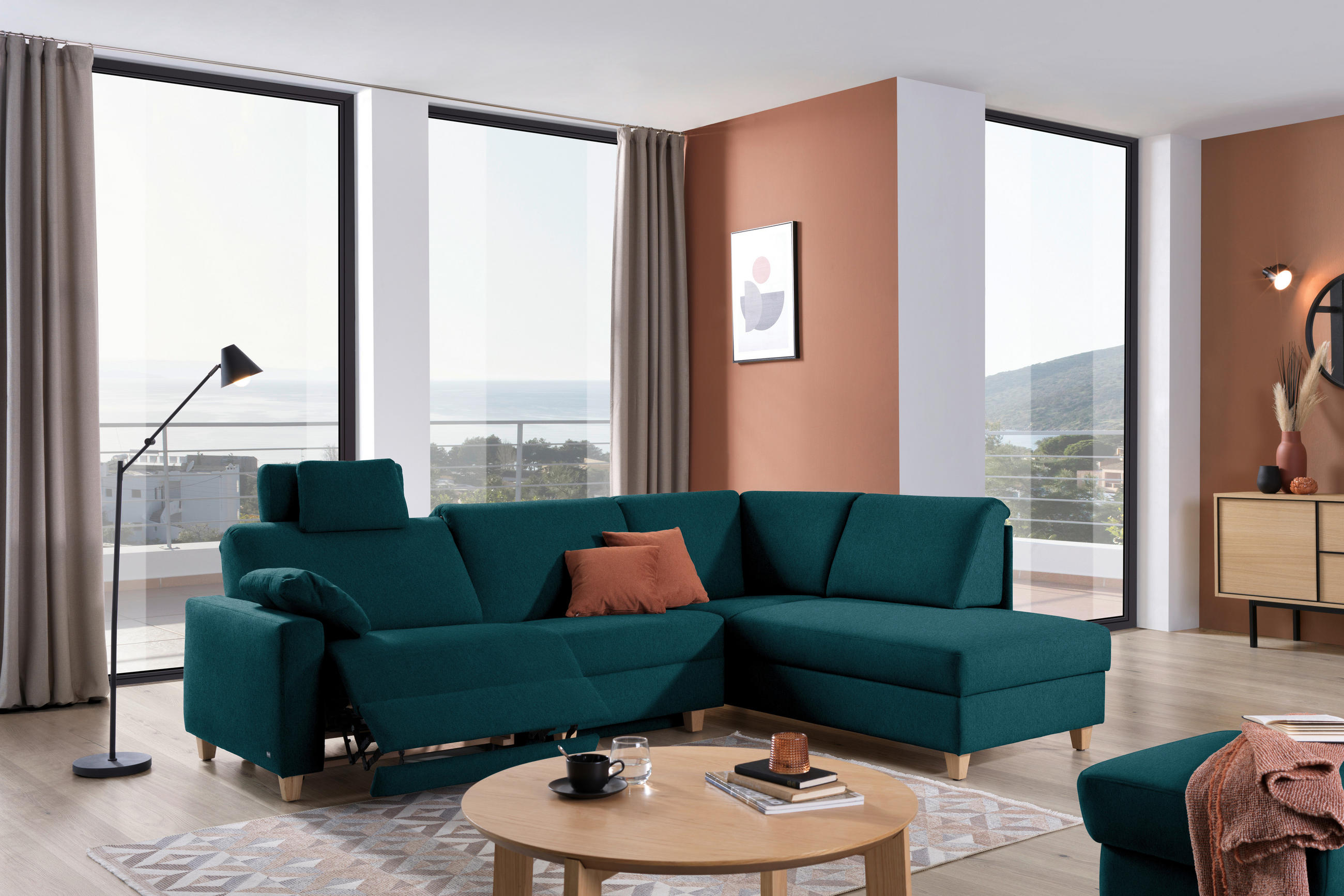 ECKSOFA in Flachgewebe Petrol  261/203 cm  - Eichefarben/Petrol, KONVENTIONELL, Holz/Textil (261/203cm) - Sedda