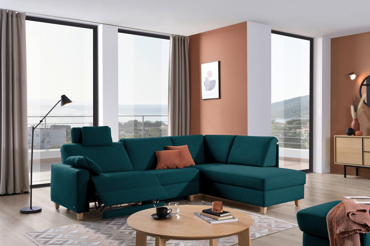 ECKSOFA in Flachgewebe Petrol  261/203 cm  - Eichefarben/Petrol, KONVENTIONELL, Holz/Textil (261/203cm) - Sedda