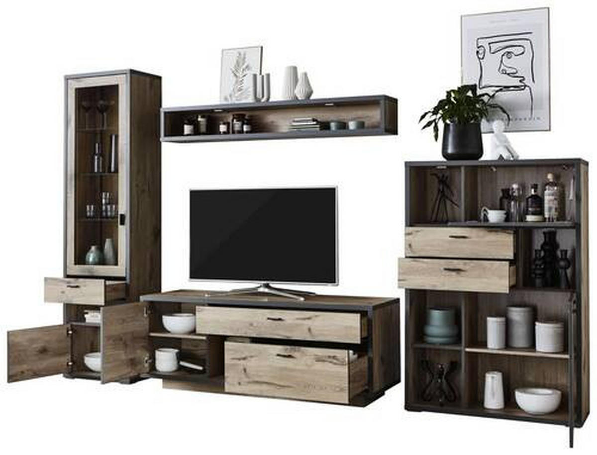 WOHNWAND  in Eichefarben, Dunkelgrau  327,4/207,9/50 cm  - Dunkelgrau/Eichefarben, MODERN, Glas/Holzwerkstoff (327,4/207,9/50cm) - Modante