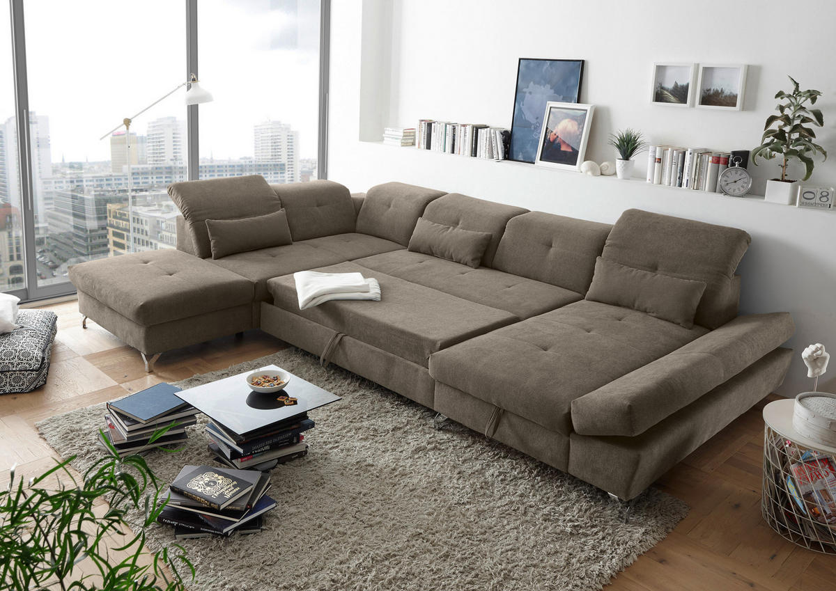 WOHNLANDSCHAFT in Mikrovelours Graubraun  - Graubraun/Silberfarben, Modern, Textil/Metall (245/350/168cm) - MID.YOU