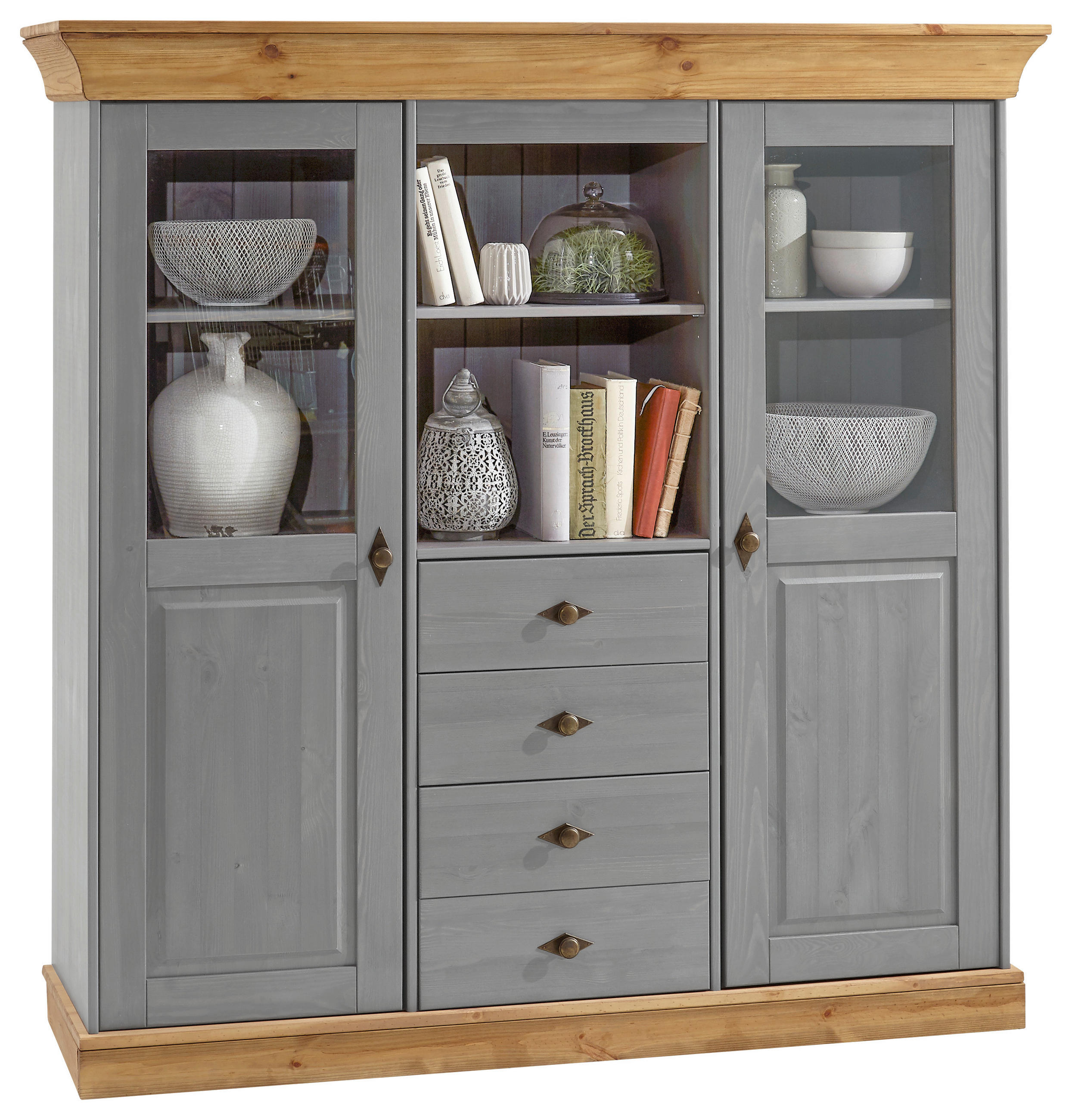 HIGHBOARD  143/145/45 cm 4 Schublade(n)  - Laugenfarbig/Grau, ROMANTIK / LANDHAUS, Glas/Holz (143/145/45cm) - Boxxx