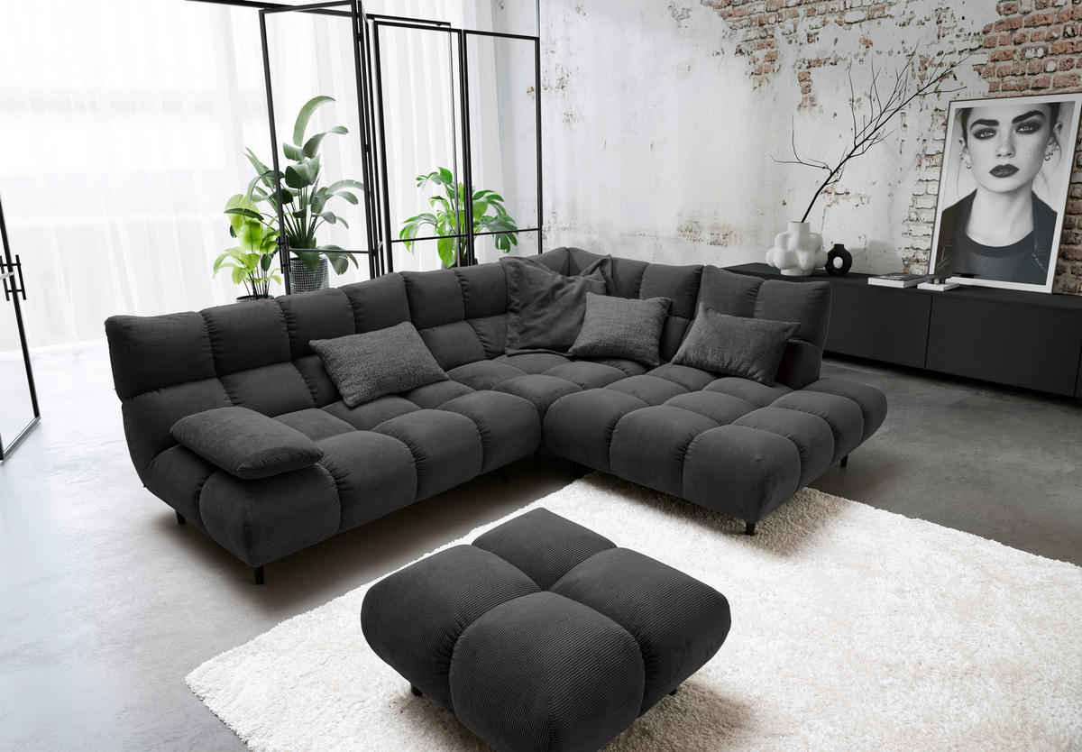 ECKSOFA Ottomane rechts, Eckteil  Mokka Feincord  - Schwarz/Mokka, Design, Holz/Textil (288/215cm) - Pure Home Lifestyle