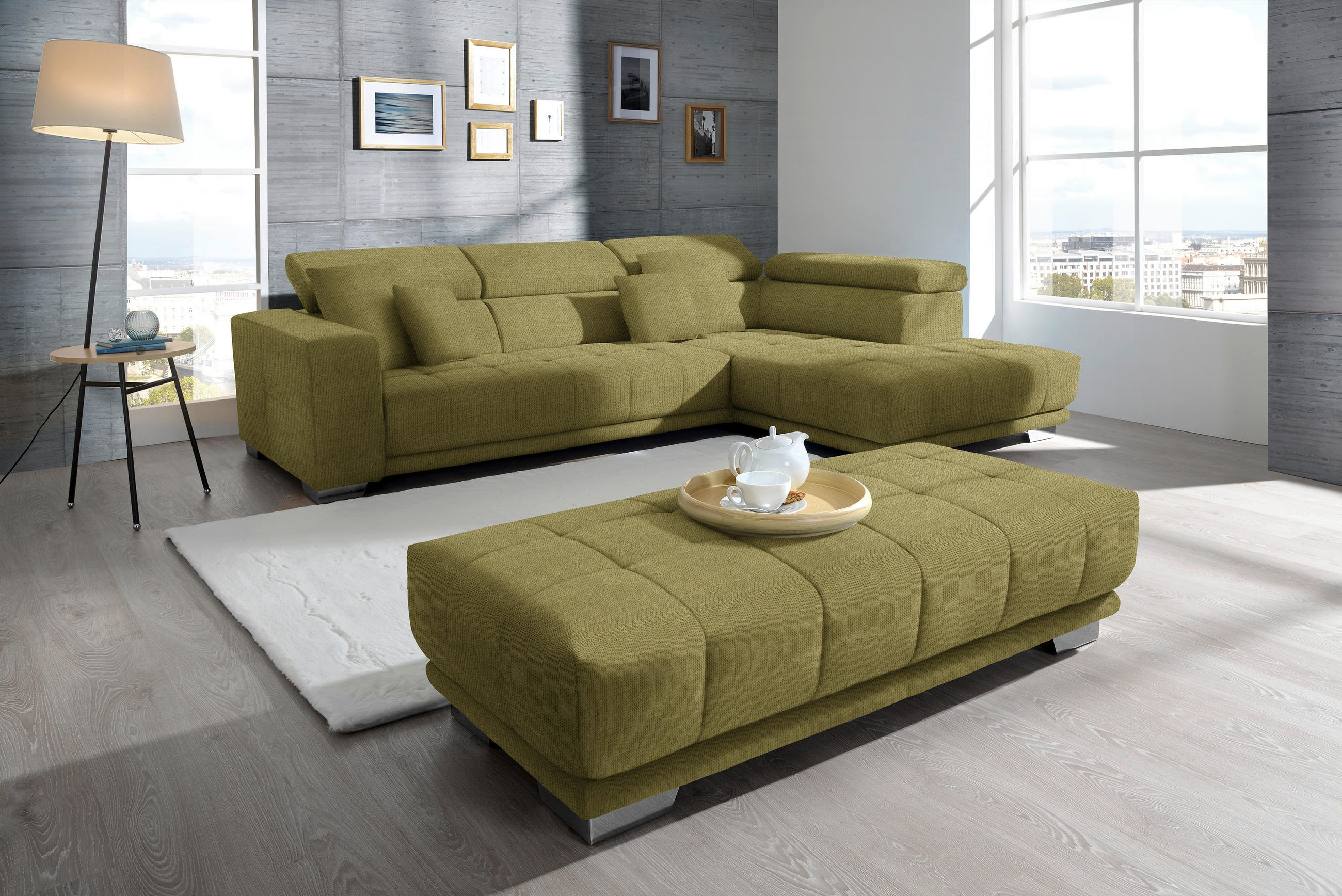 ECKSOFA in Mikrofaser Grün  - Chromfarben/Grün, Design, Textil/Metall (301/207cm) - Xora