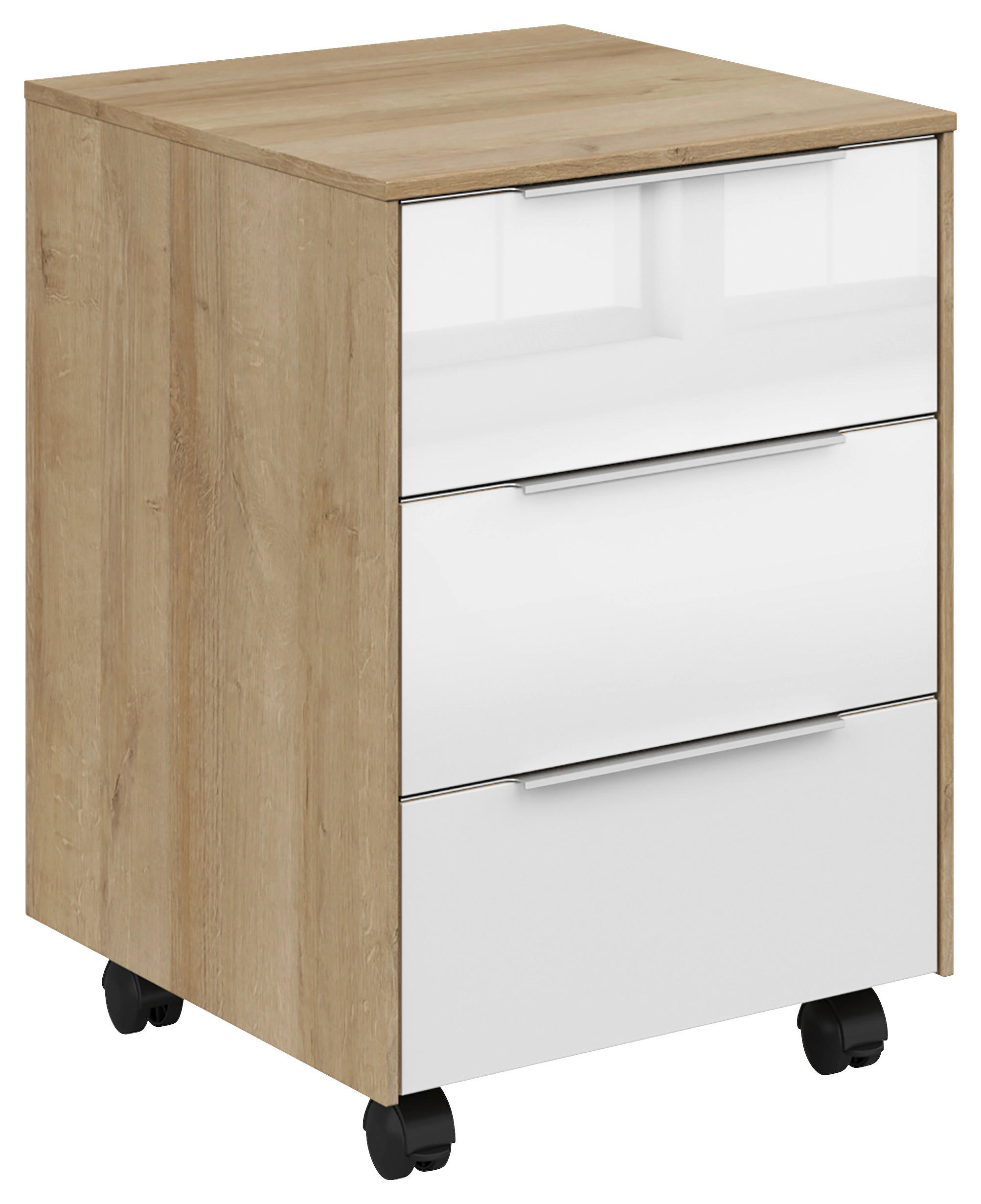 ROLLCONTAINER Weiß, Eichefarben  - Eichefarben/Weiß, KONVENTIONELL, Glas/Holzwerkstoff (40/61/50cm) - Voleo