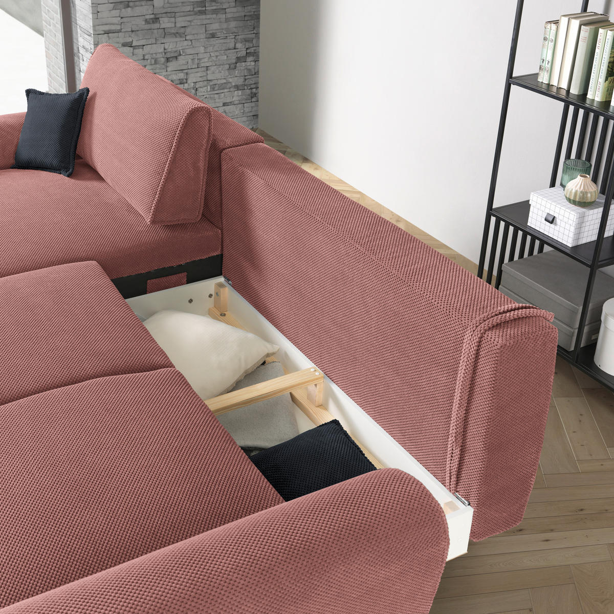 ECKSOFA in Webstoff Koralle  - Koralle/Schwarz, Design, Textil/Metall (170/272cm) - Welnova
