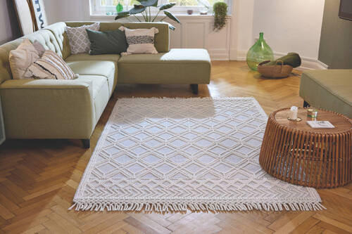 ROČNO TKANA PREPROGA Colored Macrame four 190/290 cm tkano krem barve, pastelno modra - pastelno modra/krem barve, Konvencionalno, tekstil (190/290cm) - Tom Tailor