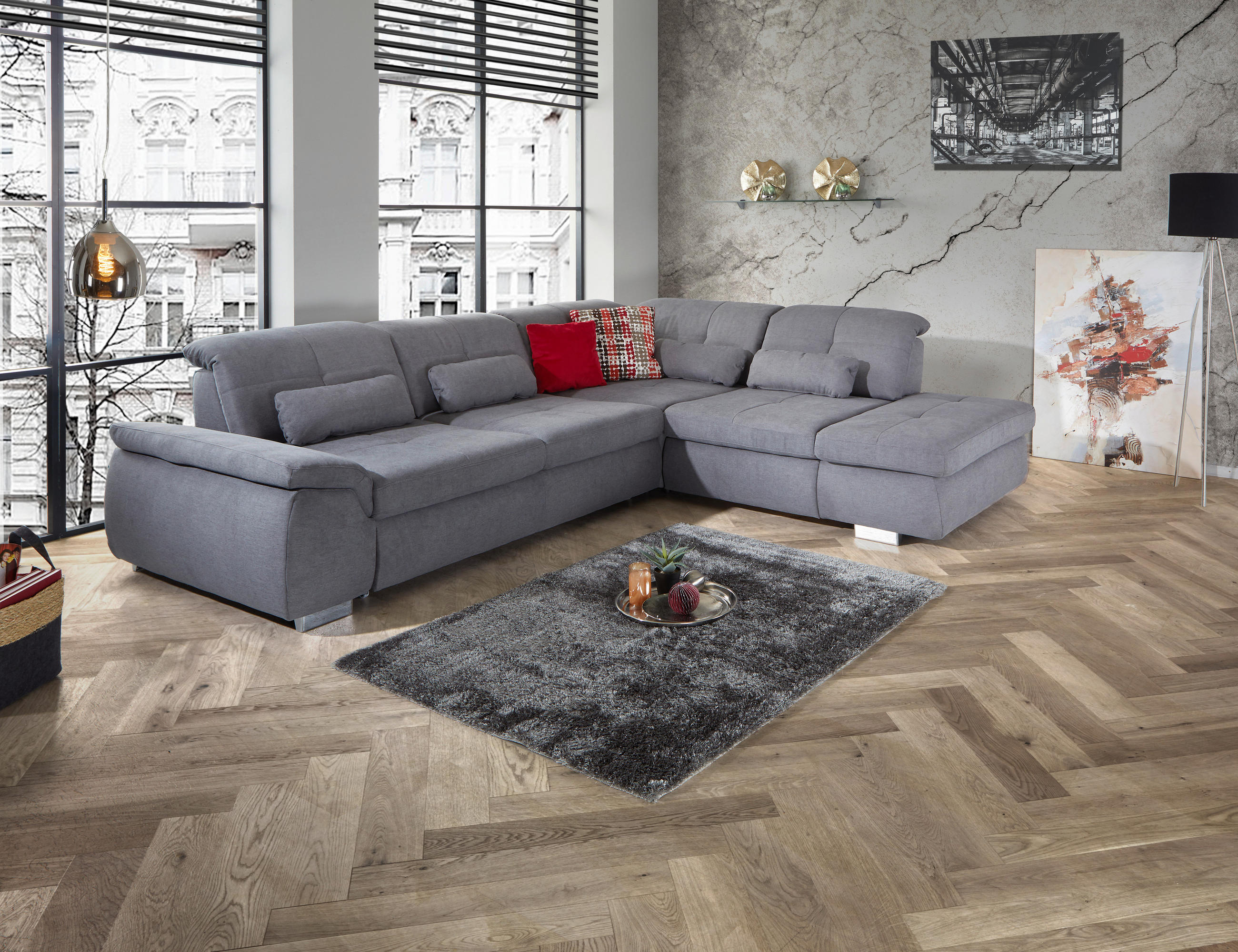 WOHNLANDSCHAFT Grau Chenille, Mikrofaser  - Chromfarben/Grau, MODERN, Textil/Metall (315/260cm) - Livetastic