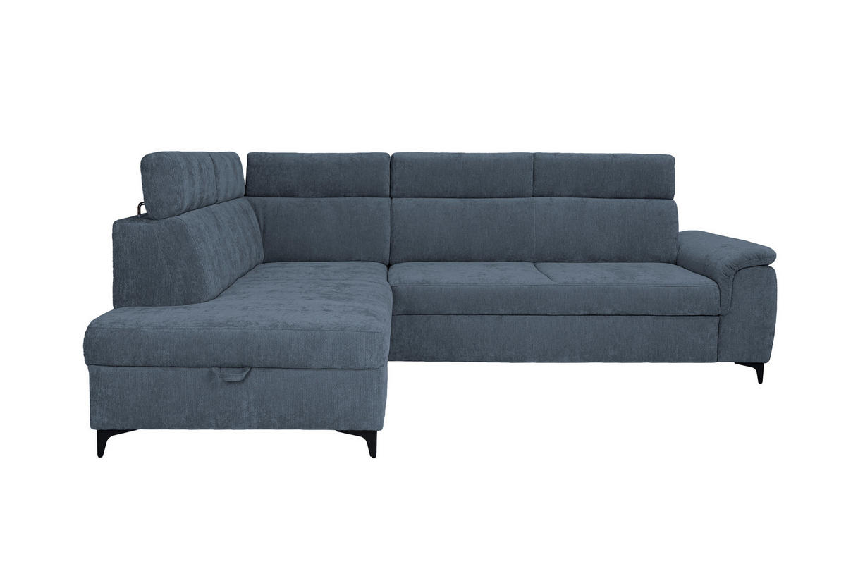 ECKSOFA Dunkelblau Chenille Bettkasten, Schlaffunktion, Rücken echt, Kopfteilverstellung, Liegefläche im Originalstoff  - Schwarz/Dunkelblau, KONVENTIONELL, Textil/Metall (206/265cm) - Carryhome