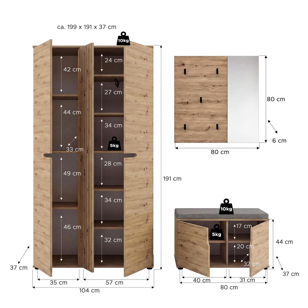 GARDEROBE 3-teilig  in 199/191/37 cm  - Eiche Artisan, Design, Holzwerkstoff (199/191/37cm) - MID.YOU