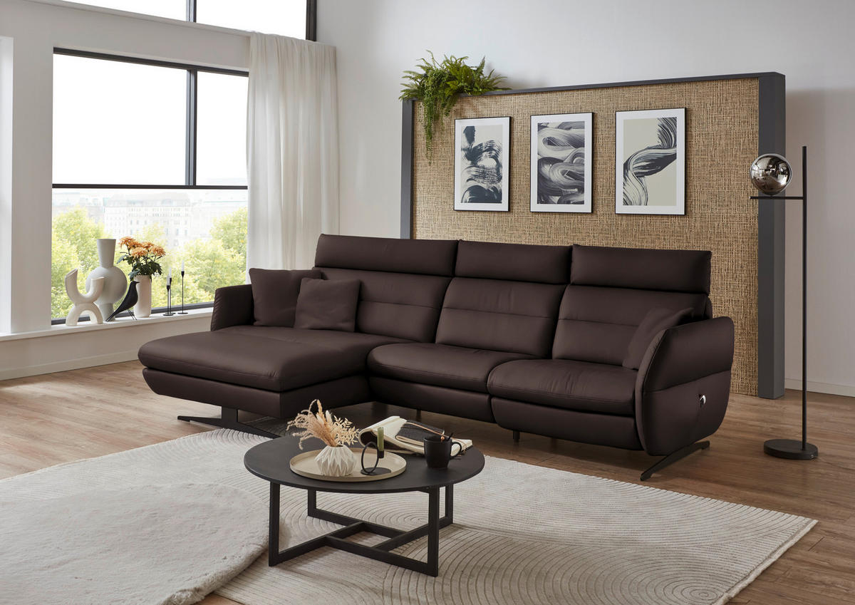 ECKSOFA in Echtleder Dunkelbraun  - Dunkelbraun/Schwarz, Design, Leder/Metall (169/298cm) - Dieter Knoll