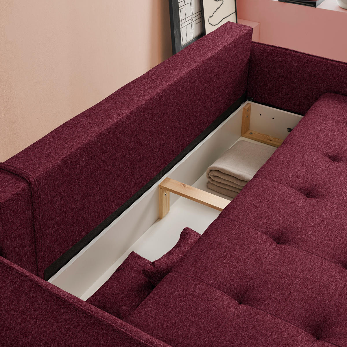 SCHLAFSOFA  in Chenille Bordeaux  - Bordeaux/Buchefarben, Design, Holz/Textil (217/97/101cm) - Carryhome
