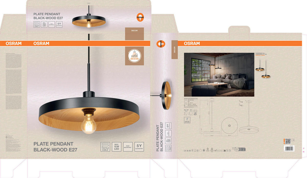 HÄNGELEUCHTE 40/127 cm   - Schwarz/Naturfarben, Basics, Metall (40/127cm) - Osram