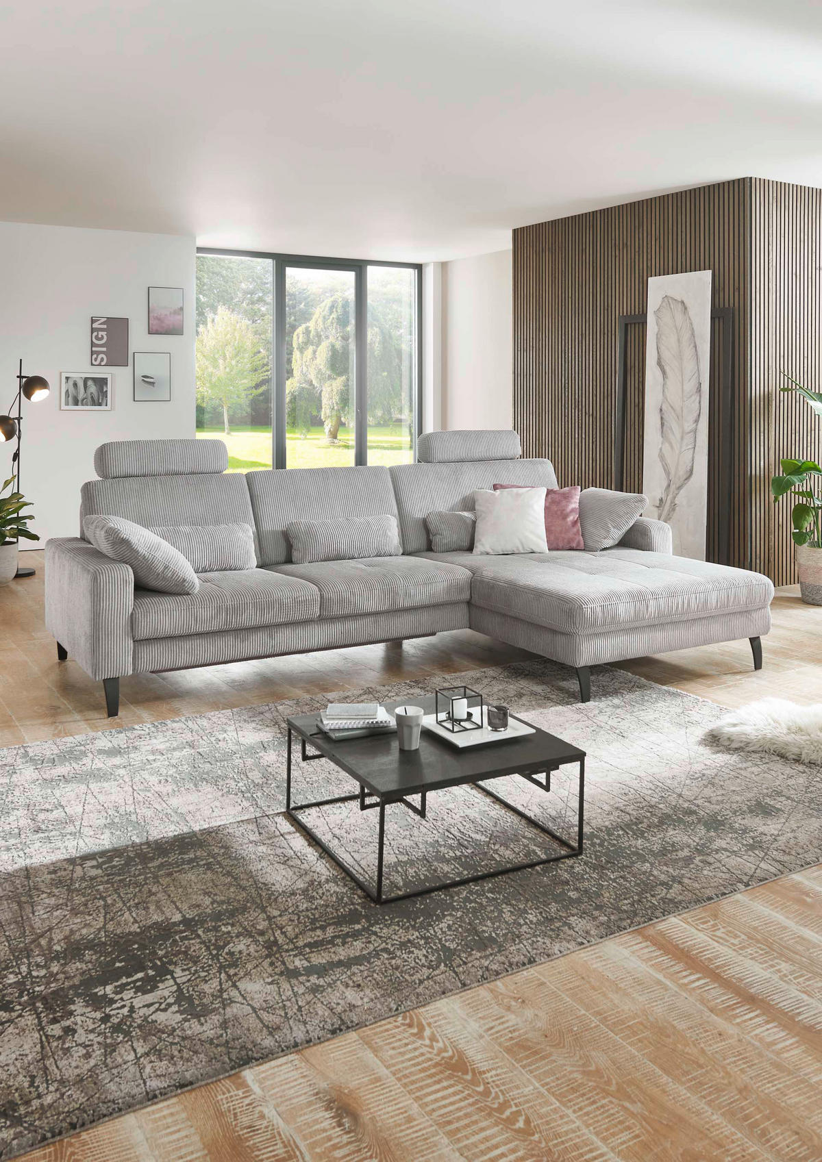 ECKSOFA in Cord Hellgrau  - Hellgrau/Schwarz, Modern, Textil/Metall (302/177cm) - Beldomo Style