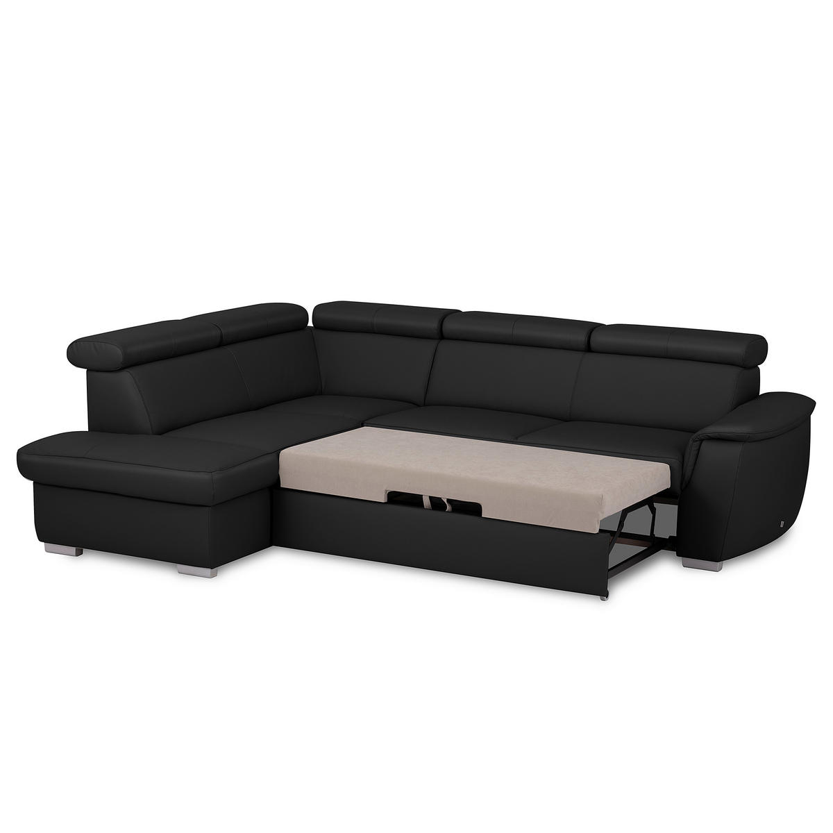 WOHNLANDSCHAFT  in Kombination Echtleder/Lederlook Schwarz  - Schwarz, Leder/Metall (211/262cm) - Celina Home
