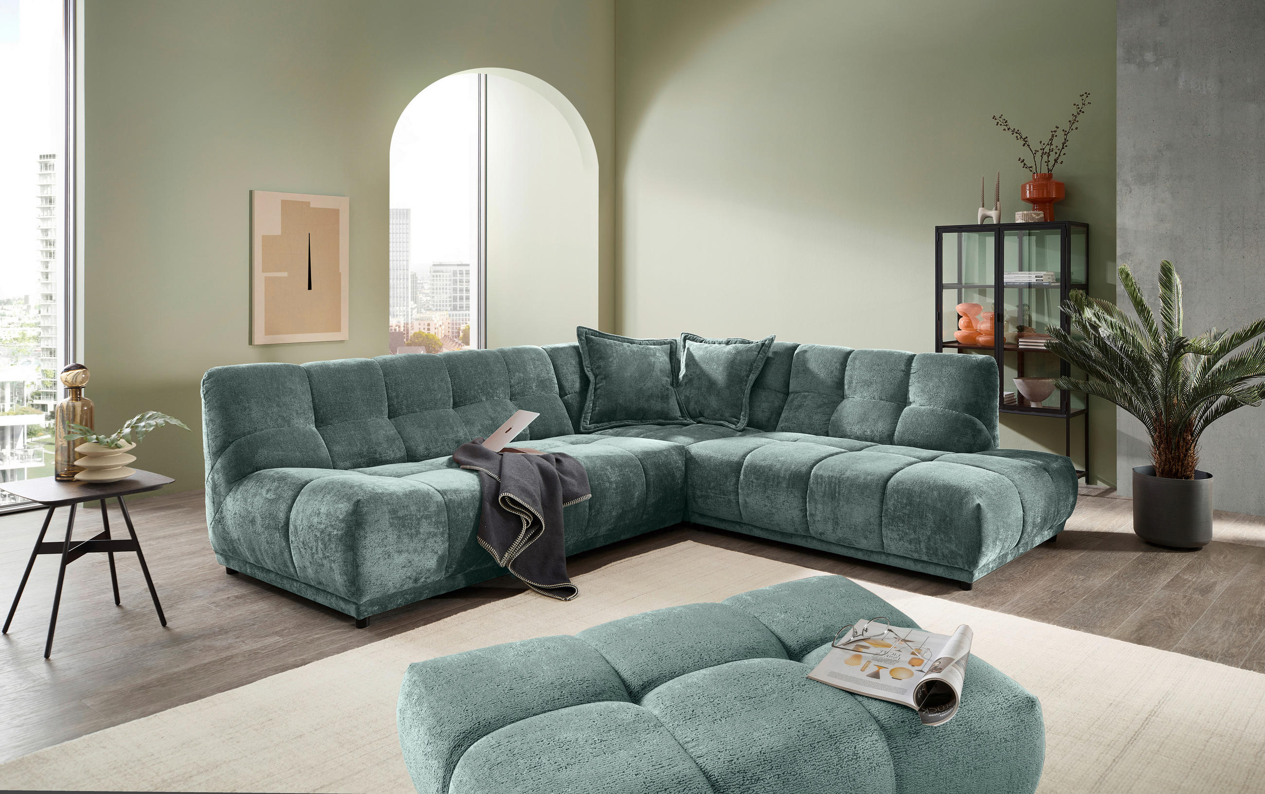 ECKSOFA Chenille Türkis  - Türkis/Schwarz, Modern, Kunststoff/Textil (284/250cm) - Livetastic