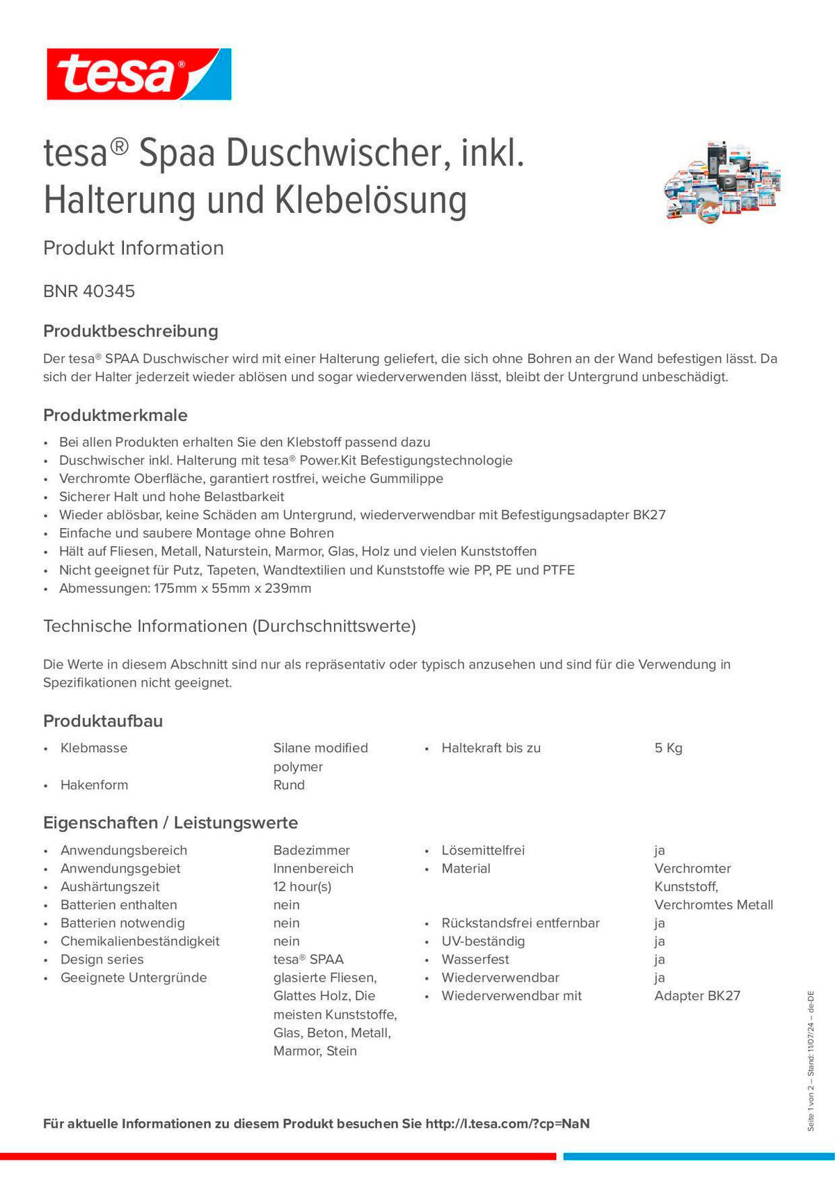 DUSCHABZIEHER - Chromfarben, Basics, Kunststoff/Metall (23,9/17,4/5,5cm) - Tesa